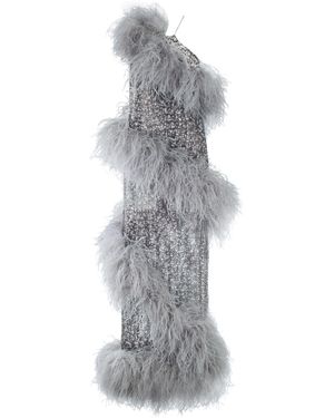 Santa Brands Asymmetric Feathered Metallic Maxi Gown - Gray