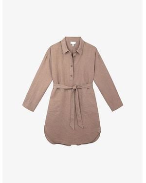 The White Company Belted Long-Sleeve Linen Knee-Length Shirt Dress - Brown