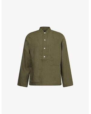 Drake's Grandad-Collar Long-Sleeve Linen Shirt - Green