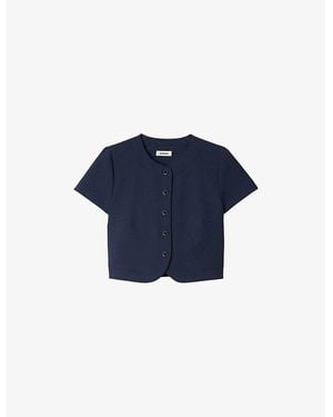 Sandro Round-Neck Button-Down Stretch-Woven Crop Top - Blue