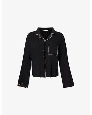 Lounge Underwear Crinkle-Effect Ruffle-Hem Woven Pajama Top - Black