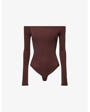 Alaïa Off-Shoulder Long-Sleeve Woven Bodysuit - Brown