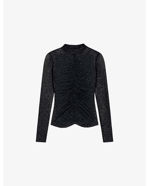 Ro&zo Ruched Long-Sleeved Stretch-Woven Top - Black