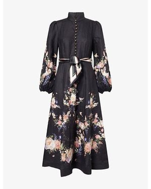 Zimmermann Valiant Floral-Print Linen Midi Dress - Black