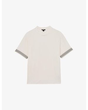Reiss Aries Striped-Trim Stretch-Woven T-Shirt - White
