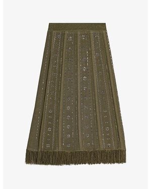 Maje High-Rise Rhinestone-Embellished Knitted Midi Skirt - Green