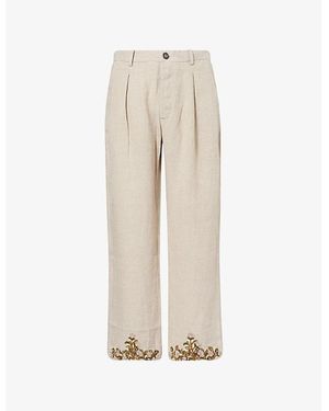 Kartik Research Embroidered Straight-Leg Linen Pants - Natural