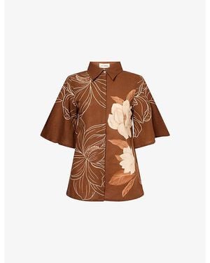 VERANDAH Floral-Print Bell-Sleeve Cotton And Linen-Blend Shirt - Brown