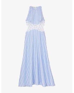 Sandro Stripe-Print Cut-Out Lace Cotton And Linen-Blend Midi Dress - Blue