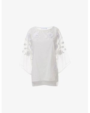 eem Floral Embellished Mesh Top - White