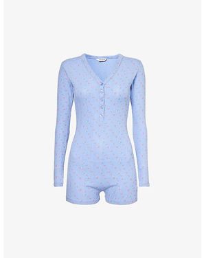 Lounge Underwear Floral-Pattern V-Neck Stretch-Cotton Romper - Blue