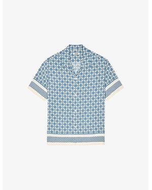 Sandro Square Cross-Print Short-Sleeve Satin Shirt - Blue