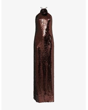 Magda Butrym Halterneck Flower-Appliqué Woven Gown - Brown