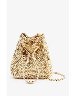Prada Crystal-embellished Mini Leather Bucket Bag - Natural