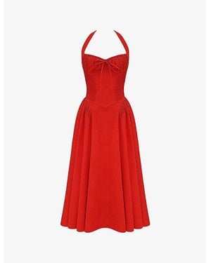 House Of Cb Adabella Flower-Pint Cotton-Blend Midi Dress - Red
