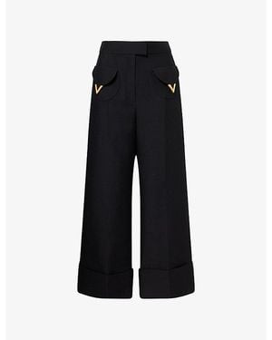 Valentino Pantalone Logo-Plaque Wool-Blend Trousers - Black