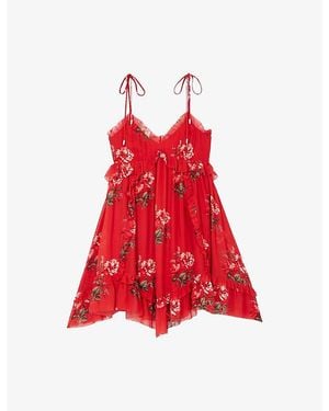 The Kooples V-Neck Floral-Print Woven Mini Dress - Red