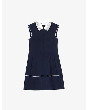 Maje Flared Contrast-Collar Stretch Cotton-Blend Mini Dress - Blue