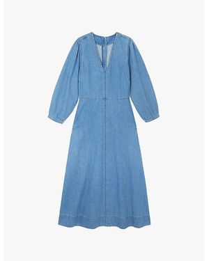 The White Company The Company V-Neck Rolled-Up Sleeve Denim Midi Dress - Blue