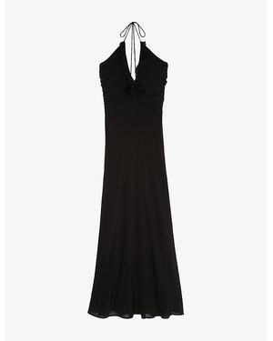 The Kooples Halter-Neck Ruffle-Trim Silk-Blend Maxi Dress - Black