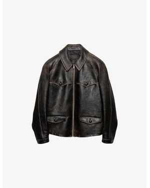 Prada Collared Flap-Pocket Leather Jacket - Black