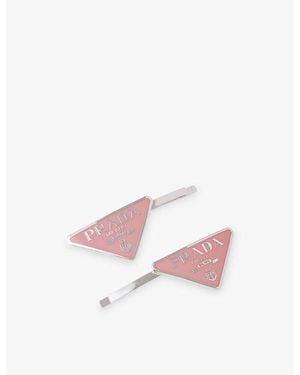 Prada Logo-Plaque-Toned Metal Hair Clips Set Of Two - Pink