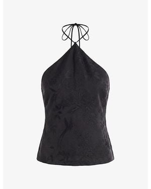Because Of Alice Botanical-Jacquard Halterneck Cupro Top - Black