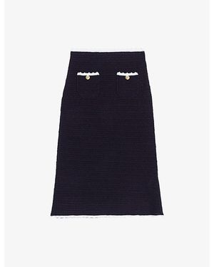 Maje Button-Embellished Patch-Pocket Crochet-Knit Midi Skirt - Blue
