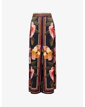FARM Rio Chenille Flower-Print Wide-Leg Woven Pants - Red