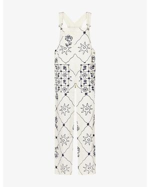 Free People Rising Sun Embroidered Denim Overall - White