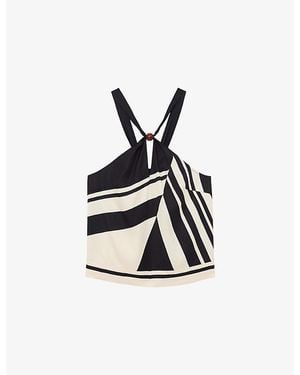 Reiss Caris Tie-Back Scarf-Print Woven Top - Black