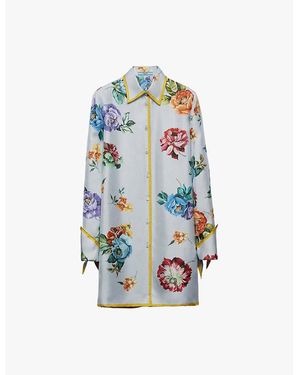 Prada Floral-Print Long-Sleeve Silk-Twill Mini Dress - Blue