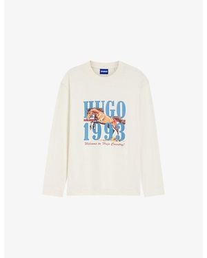HUGO Branded-Print Long-Sleeved Cotton-Jersey T-Shirt - White