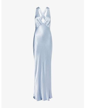 Shona Joy La Lune Plunge Cross-Back Satin Maxi Dress - Blue