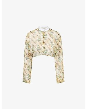 HYPHEN Butterfly-Print Cropped Sheer Top - White
