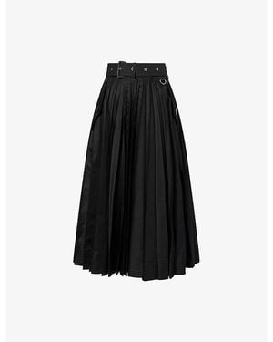 Sacai Belted Pleated Cotton-Garbadine Midi Skirt - Black
