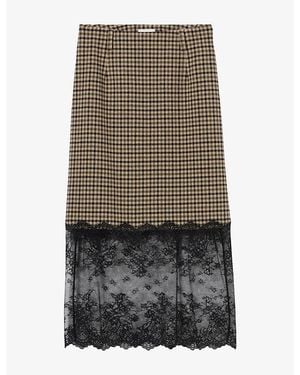 Claudie Pierlot Lace-Hem Checked Wool-Blend Midi Skirt - Brown