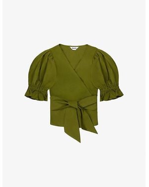 Ro&zo Wrap-Front Puff-Sleeved Cotton-Poplin Top - Green