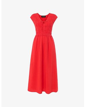 Whistles Shirred-Bodice V-Neck Midi Cotton-Blend Dress