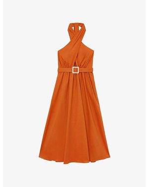 Reiss Rowe Halterneck Sleeveless Stretch-Cotton Midi Dress - Orange