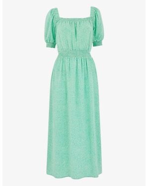 Whistles Checked Puff-Sleeved Woven Midi Dress - Green