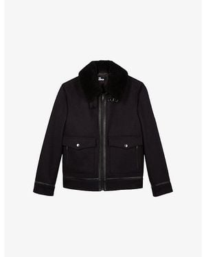 The Kooples Short Contrast-Collar Suede Jacket - Black