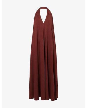 ME+EM Deep V-Halterneck Cotton Maxi Dress - Red