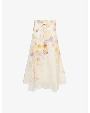 Zimmermann Memento Embroidered Linen And Silk Midi Skirt - Natural