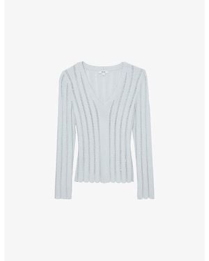 Reiss Loui Open-Stitch V-Neck Knitted Sweater - Blue