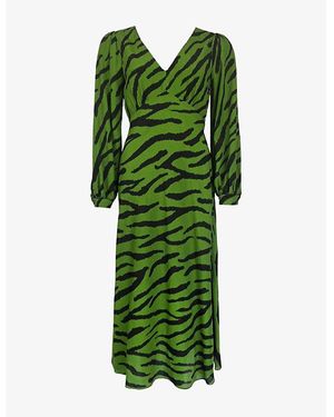 Ro&zo V-Neck Zebra-Print Woven Midi Dress - Green