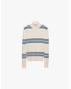 Prada Striped Triangle-Appliqué Turtleneck Wool Knitted Top - White