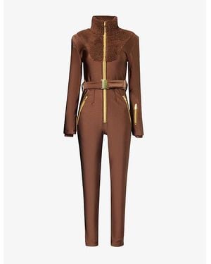 MY Sunday Ski Funnel-Neck Faux-Sherpa Panel Stretch-Woven Jumpsuit - Brown