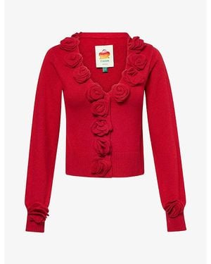 FARM Rio Flower Embellished Knitted Cardigan - Red