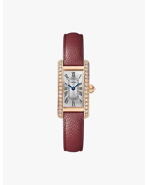 Cartier Tank Americaine Mini 18Ct Rose-, 0.55Ct Brilliant-Cut Diamond And Leather Quartz Watch - Red